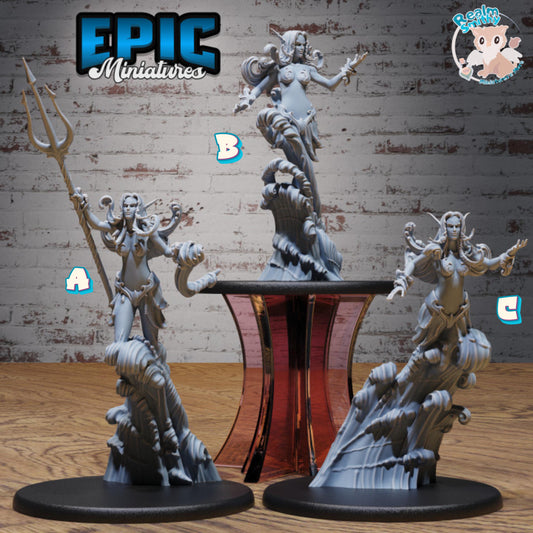Water Elemental Female Miniature (Large) | Premium DnD Minis | High Quality Resin | Water, Waves, Trident, Woman, Genasi, Hero, Genasi