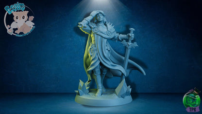 A human paladin character holding a large sword in one hand, the other hand is running his fingers through his long luscious hair. He has a cape and typical paladin armour.