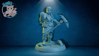 Pietra Female Dwarf Artificer | TPK Lab Miniatures | Fantasy Underdark, Mining Woman | Hammer, Fist, Axe Pickaxe