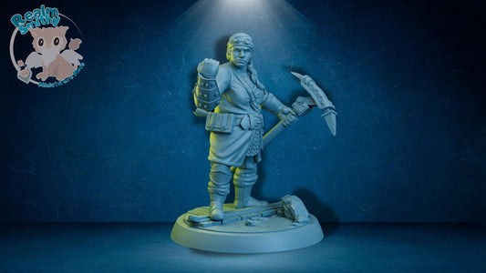 Pietra Female Dwarf Artificer | TPK Lab Miniatures | Fantasy Underdark, Mining Woman | Hammer, Fist, Axe Pickaxe
