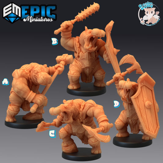 Hippo Warrior Miniature (Medium) | Premium DnD Minis | High Quality Resin | Fantasy, Hippopotamus, Fighter, Bat, Shield, Giff, Hippo-Folk