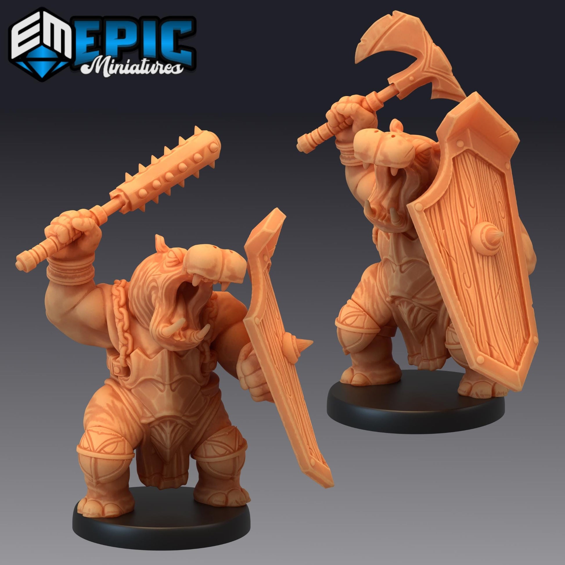 Hippo Warrior Miniature (Medium) | Premium DnD Minis | High Quality Resin | Fantasy, Hippopotamus, Fighter, Bat, Shield, Giff, Hippo-Folk