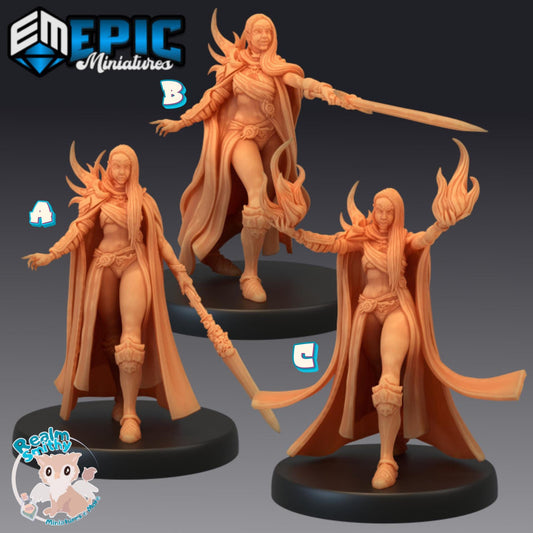 Female Elf Sorcerer | Premium DnD Minis with High Quality Resin | Sorcerer with Fire, Spear, Staff | Fantasy Drow Fighter, Half-Elf, Mage
