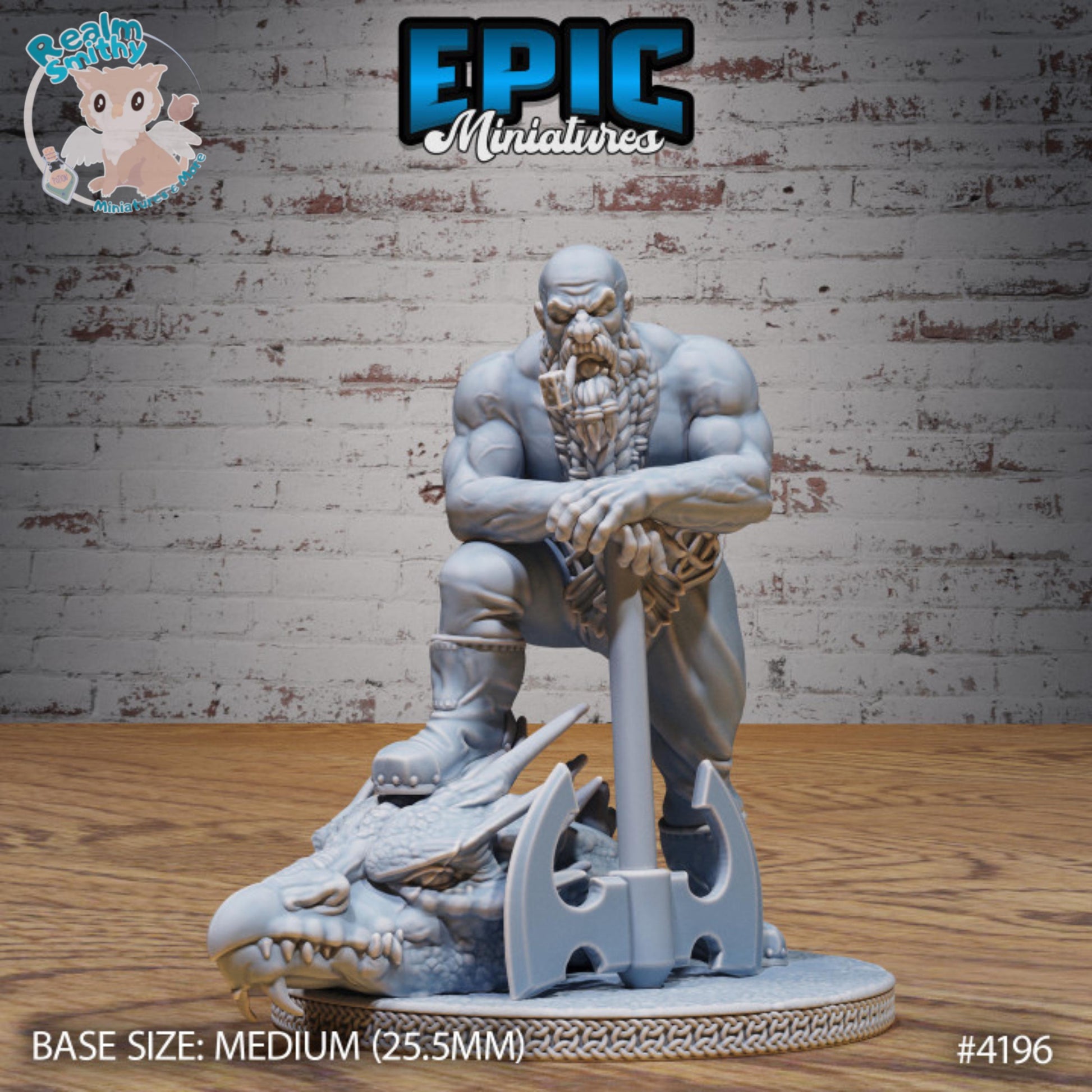 Male Dwarf Dragon Slayer | Premium DnD Miniatures High Quality Resin | Fantasy, Dragon Head, Battle Axe, Bald, Braided Beard