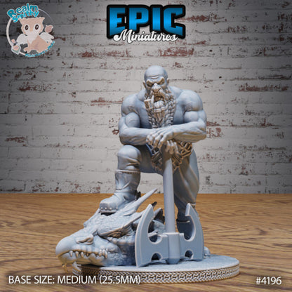 Male Dwarf Dragon Slayer | Premium DnD Miniatures High Quality Resin | Fantasy, Dragon Head, Battle Axe, Bald, Braided Beard