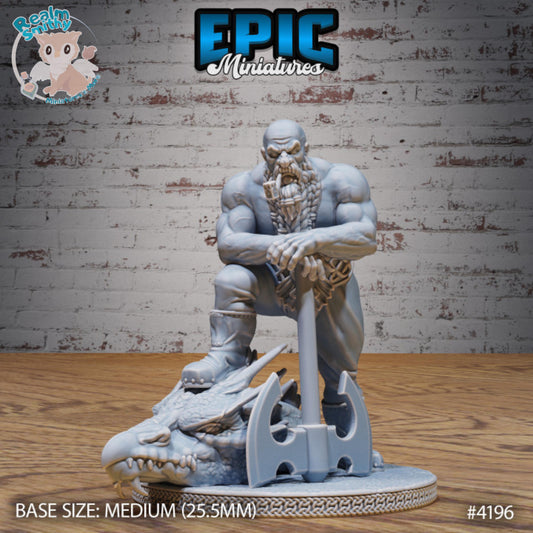 Male Dwarf Dragon Slayer | Premium DnD Miniatures High Quality Resin | Fantasy, Dragon Head, Battle Axe, Bald, Braided Beard