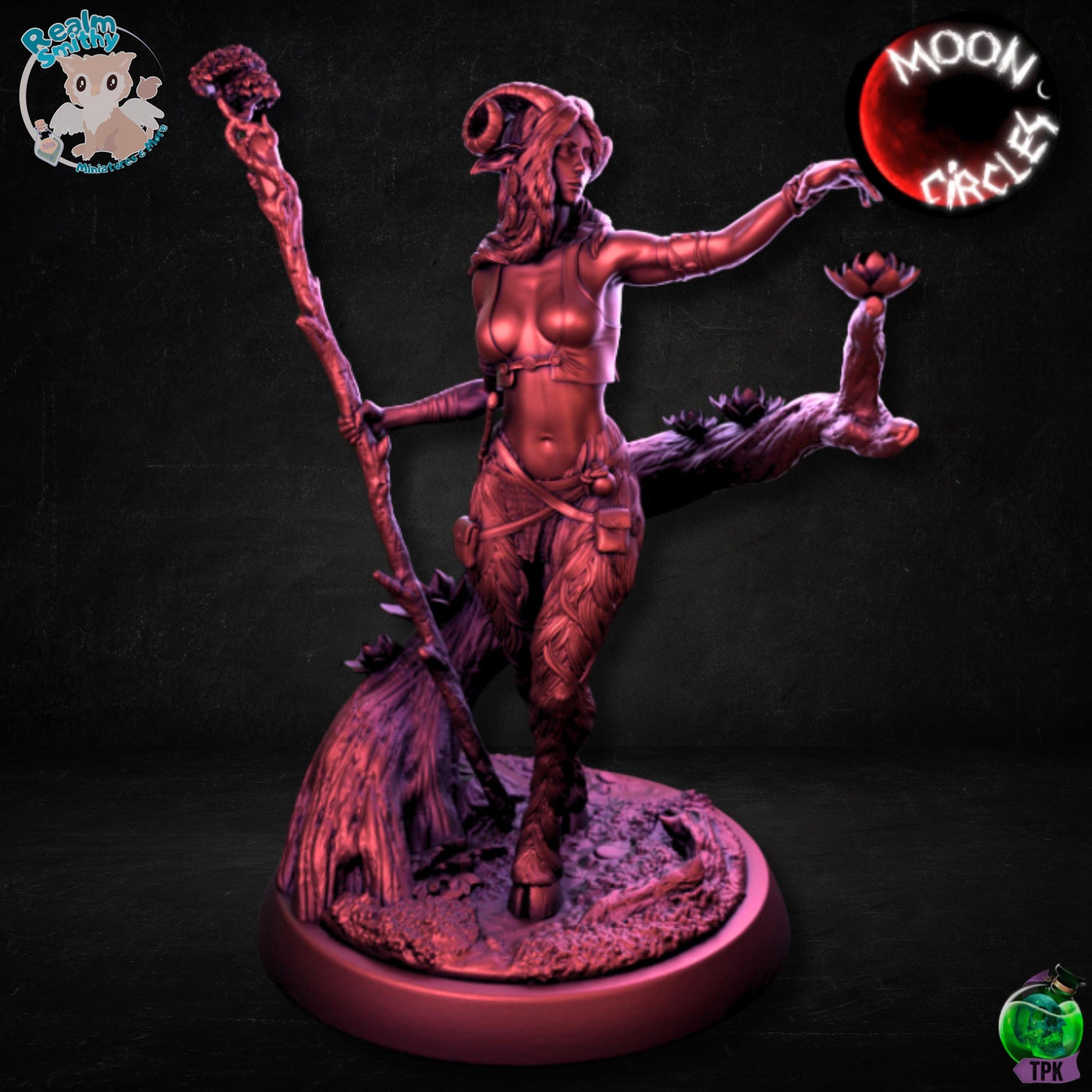 Female Faun Druid (32mm) | Premium DnD Miniatures High Quality Resin | Fantasy, Faun, Staff, Horns, Fey, Moon, Magic, Sorcerer