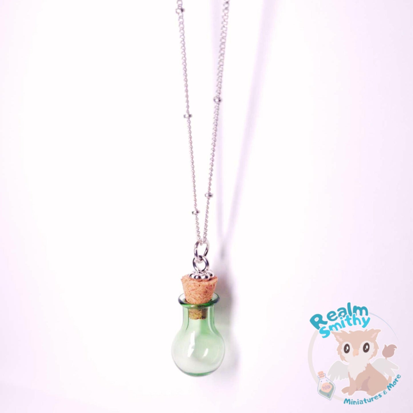 Rhodium Message in a Bottle Necklace | Premium Quality Green Bottle | Long 30 Inch Length | Nickel Free, Fantasy, Cork, Chain, DnD