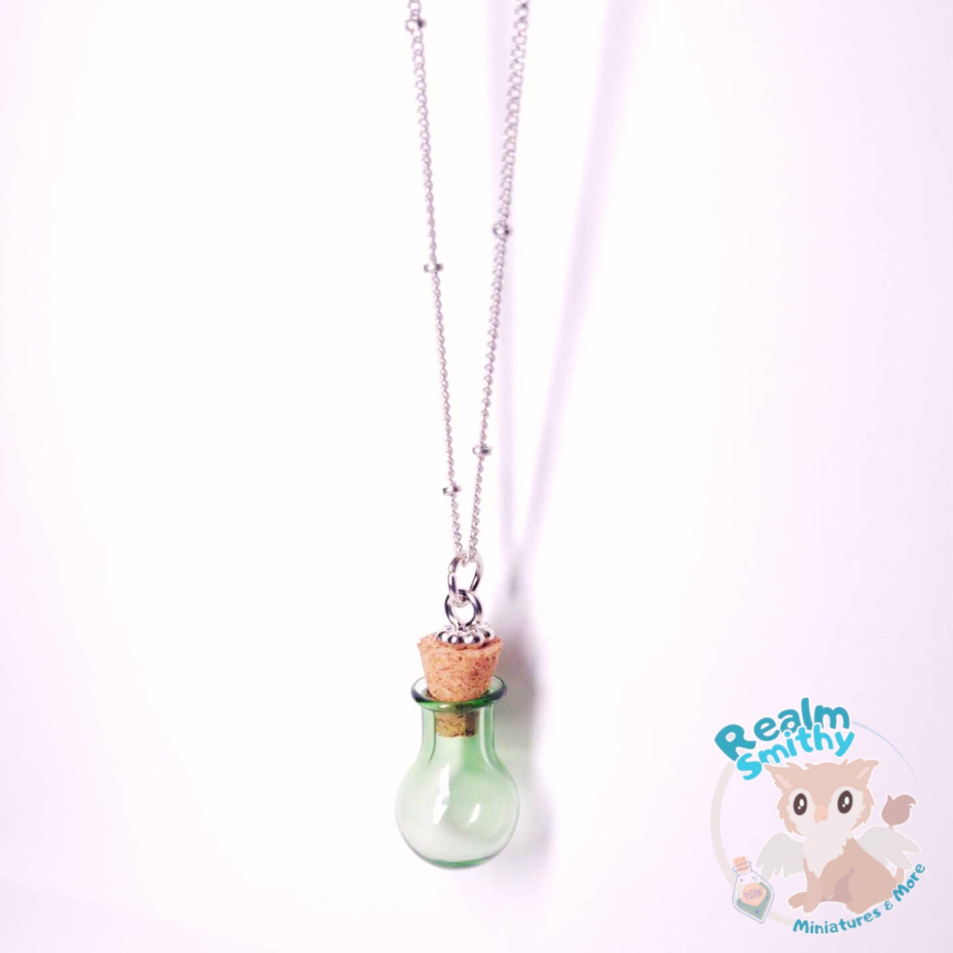 Rhodium Message in a Bottle Necklace | Premium Quality Green Bottle | Long 30 Inch Length | Nickel Free, Fantasy, Cork, Chain, DnD