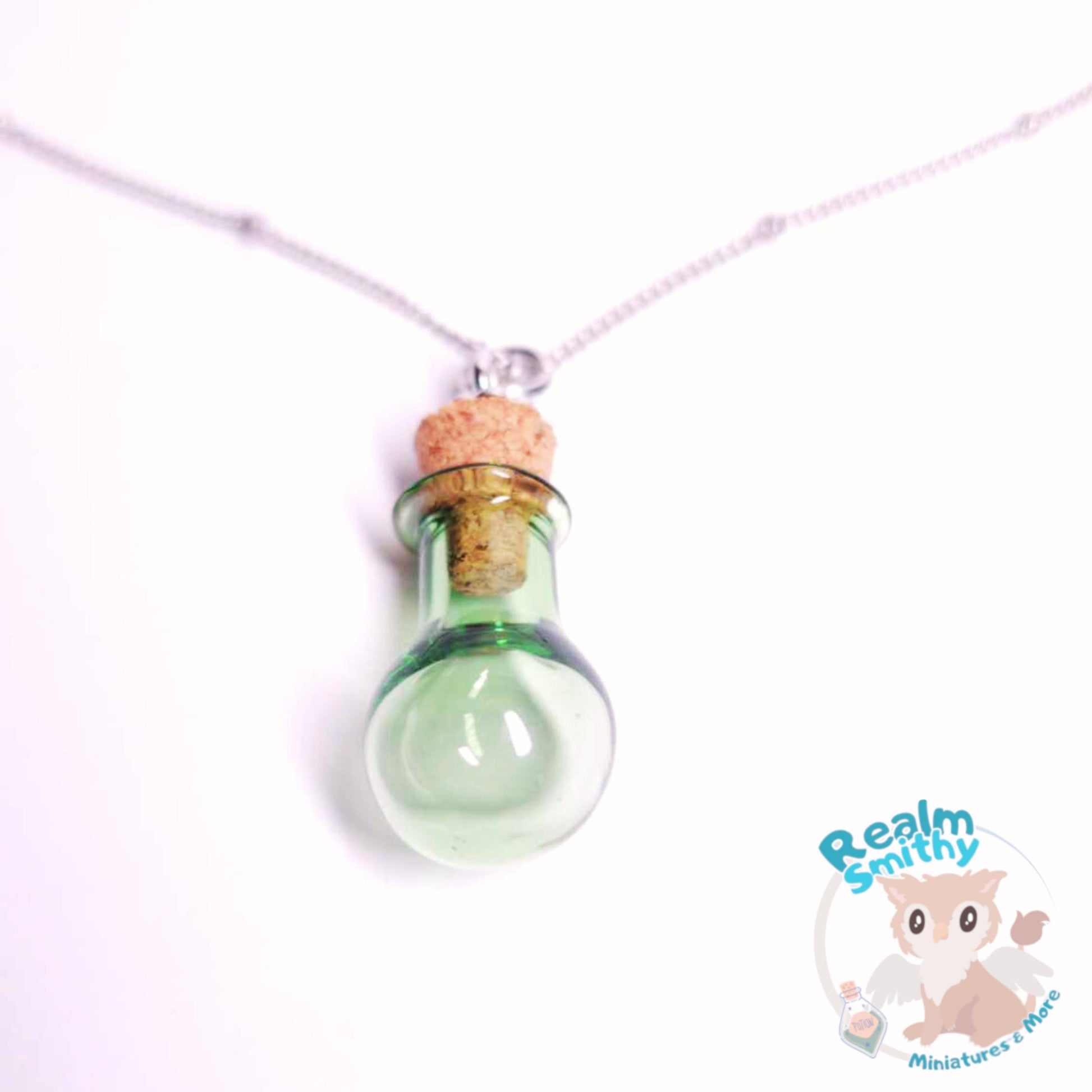 Rhodium Message in a Bottle Necklace | Premium Quality Green Bottle | Long 30 Inch Length | Nickel Free, Fantasy, Cork, Chain, DnD