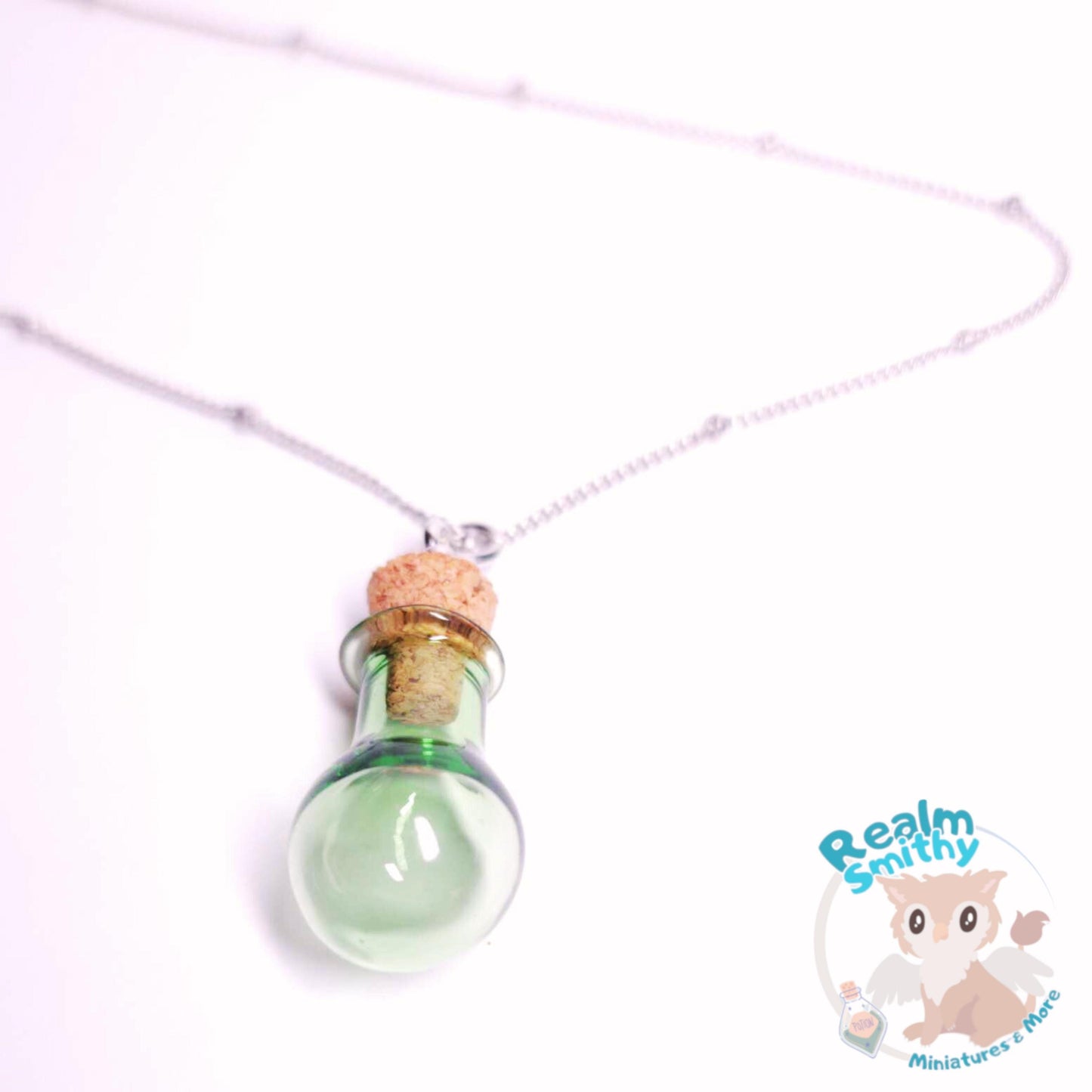 Rhodium Message in a Bottle Necklace | Premium Quality Green Bottle | Long 30 Inch Length | Nickel Free, Fantasy, Cork, Chain, DnD