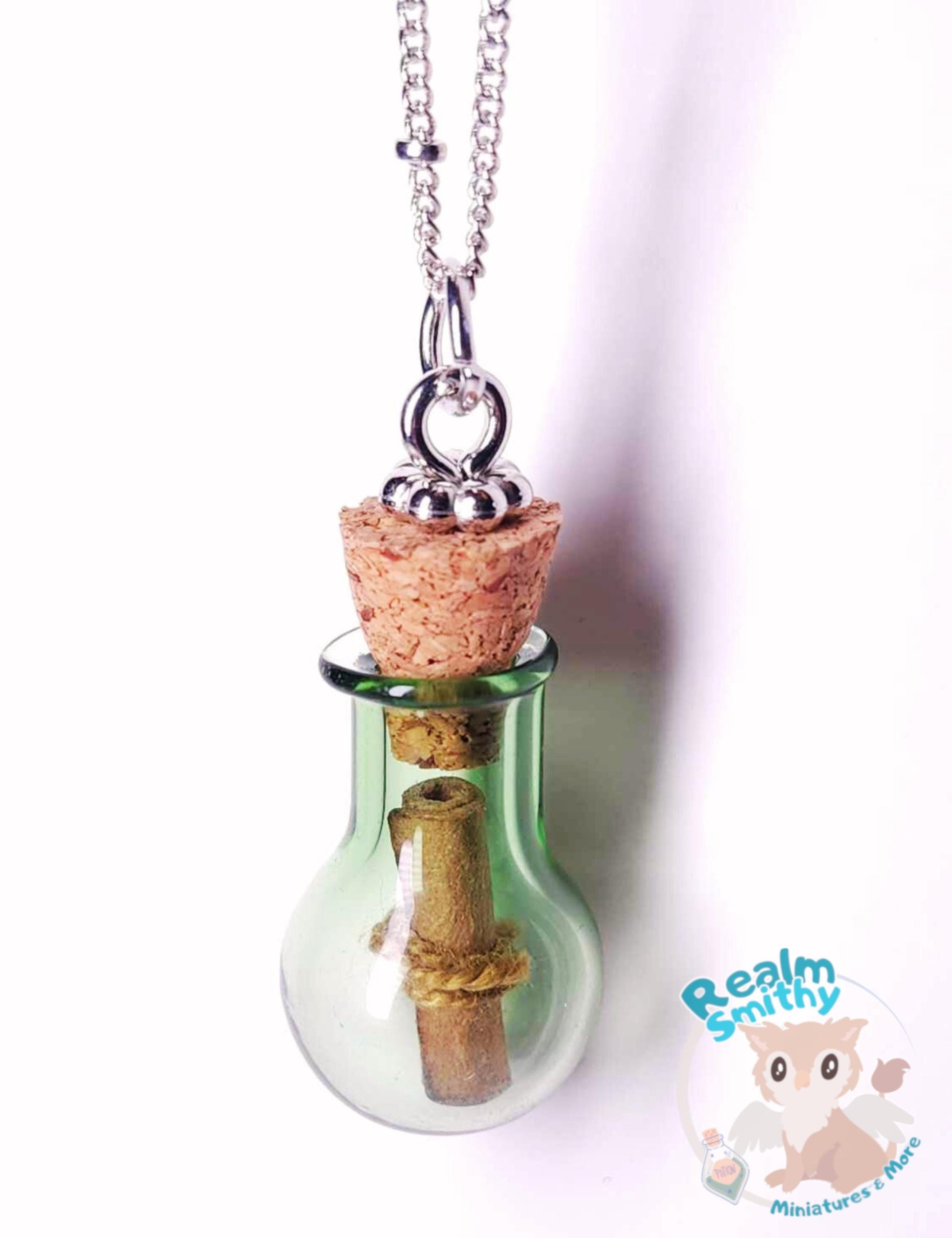 Rhodium Message in a Bottle Necklace | Premium Quality Green Bottle | Long 30 Inch Length | Nickel Free, Fantasy, Cork, Chain, DnD