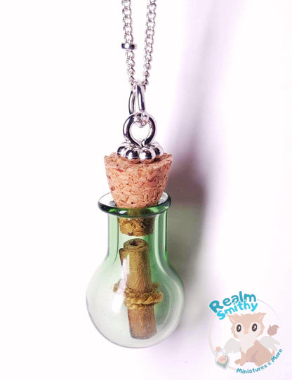 Rhodium Message in a Bottle Necklace | Premium Quality Green Bottle | Long 30 Inch Length | Nickel Free, Fantasy, Cork, Chain, DnD
