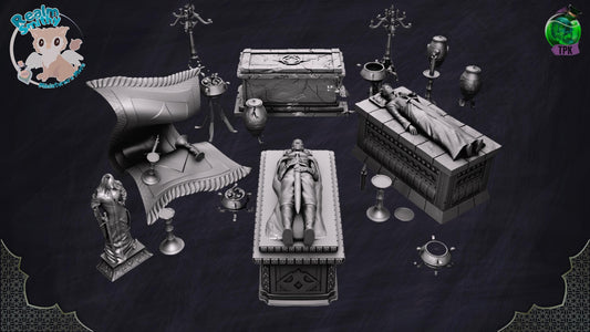 Crypt Item Bundle | Premium DnD Miniatures with High Quality Resin | Fantasy Scatter, Terrain, Environment, Grave, Skeleton, Candle, Braiser