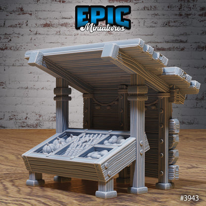 Harbor Merchant Stands | Premium DnD Miniatures High Quality Resin | Fantasy Scatter, Terrain Environment | Fish, Net, Docks, Hook, Trader