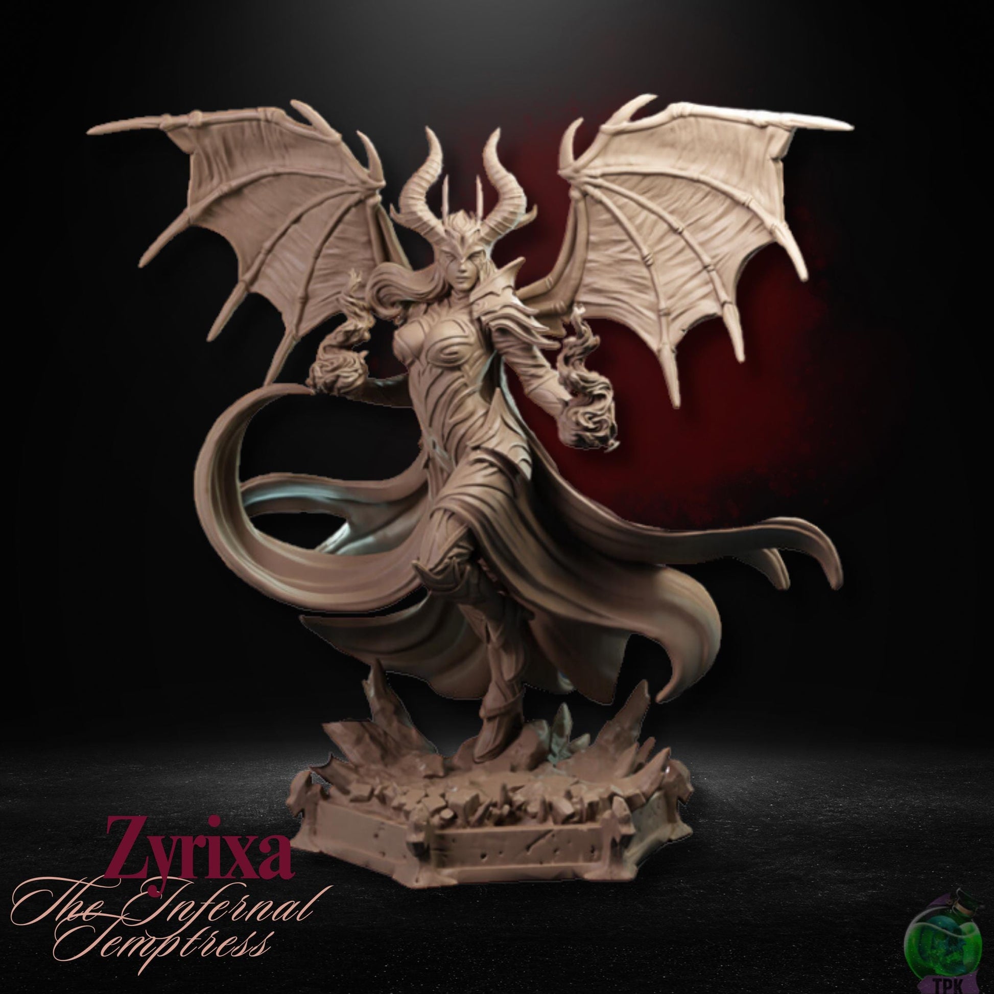Zyrixa the Infernal Temptress (Medium) | TPK Lab Miniatures | Mizora Tiefling Devil Woman Female Wings Horns