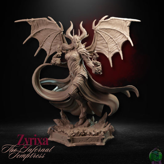 Zyrixa the Infernal Temptress (Medium) | TPK Lab Miniatures | Mizora Tiefling Devil Woman Female Wings Horns