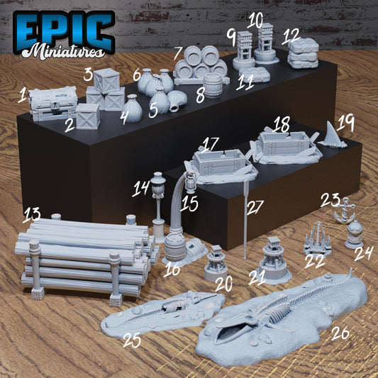 Harbor Dock Scatter | Premium DnD Miniatures | High Quality Resin | Fantasy, Terrain, Environment Sack Barrel Crate Sand Treasure Lamp Buoy