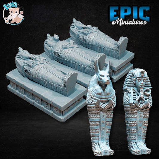 Ancient Egyptian Sarcophagus Miniatures (Bundle E) | Premium DnD Minis High Quality Resin | Sphinx, Terrain, Tomb, Grave, Sarcophagi, Tombs