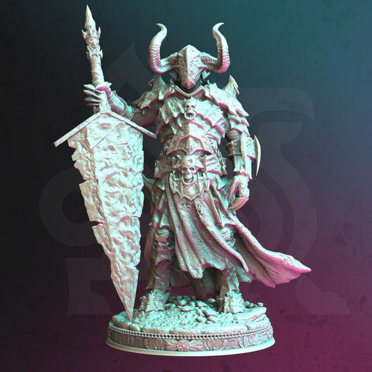 Death Knight - Morian Fairhair (Medium) | 32mm Hero Scale | Premium DnD Miniature High Quality Resin |DM Stash| Shield, Armor, Cape, Horns