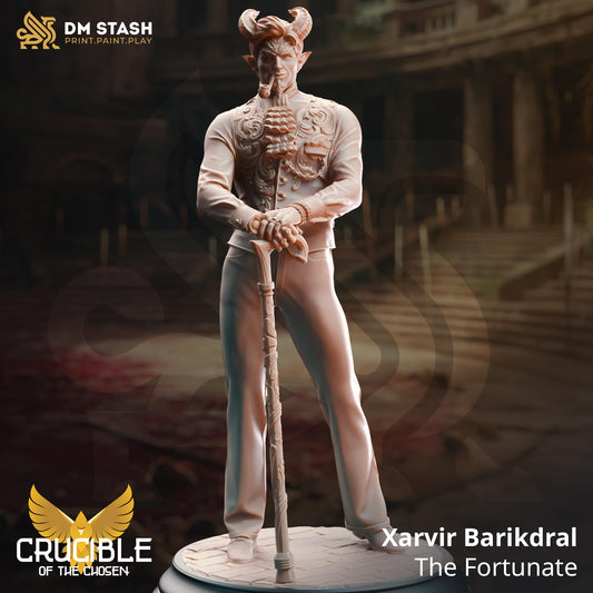 Tiefling Crimelord - Xarvir Barikdral (Medium) | 32mm Hero Scale | Premium DnD Miniature High Quality Resin |DM Stash| Casino, Cane, Devil