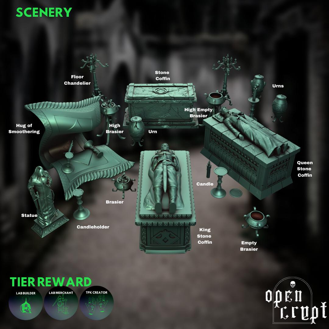 Crypt Item Bundle | Premium DnD Miniatures with High Quality Resin | Fantasy Scatter, Terrain, Environment, Grave, Skeleton, Candle, Braiser