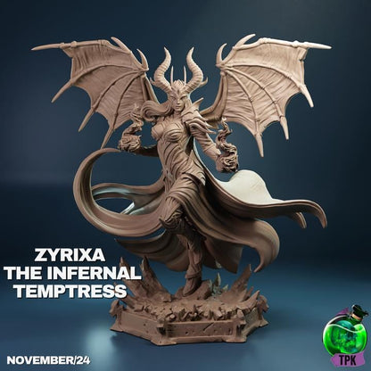 Zyrixa the Infernal Temptress (Medium) | TPK Lab Miniatures | Mizora Tiefling Devil Woman Female Wings Horns