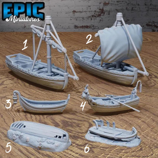 Harbor Boats Bundle | Premium DnD Miniatures High Quality Resin | Fantasy Scatter, Terrain Environment, Dock, Broken, Sail Boat, Row, Bayou