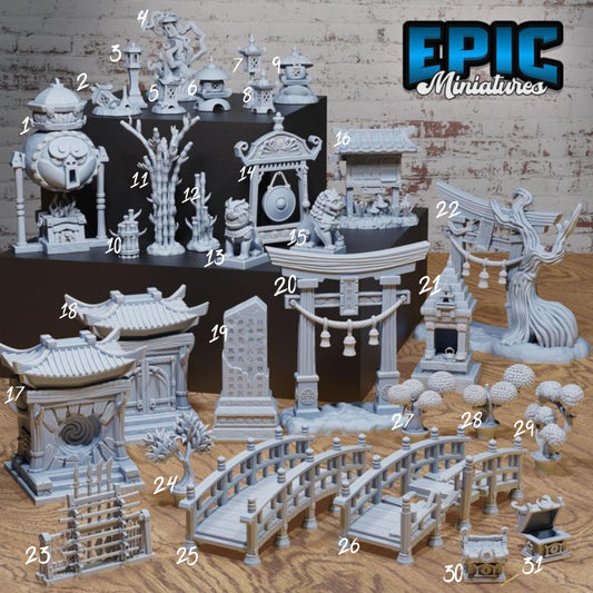 Eastern Temple Scatter | Premium DnD Minis High Quality Resin | Shrine, Forge, Bonsai, Lamps, Bulletin, Arch Lanterns, Chests, Portal, Chest