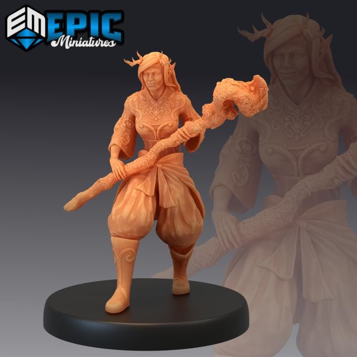 Forest Druid Set / Female Nature Leader / Woodland Guardian | Premium DnD Minis with High Quality Resin | Log, Scroll, Staff