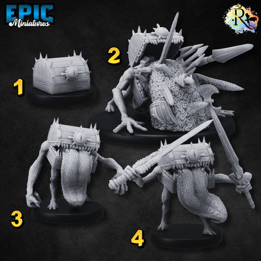 Chest Mimic (Medium) | #051 - Dwarven Mines | EPIC 28mm | Mimics, Treasure, Tongue, Monster, Creature, Enemy, Gold, Swords