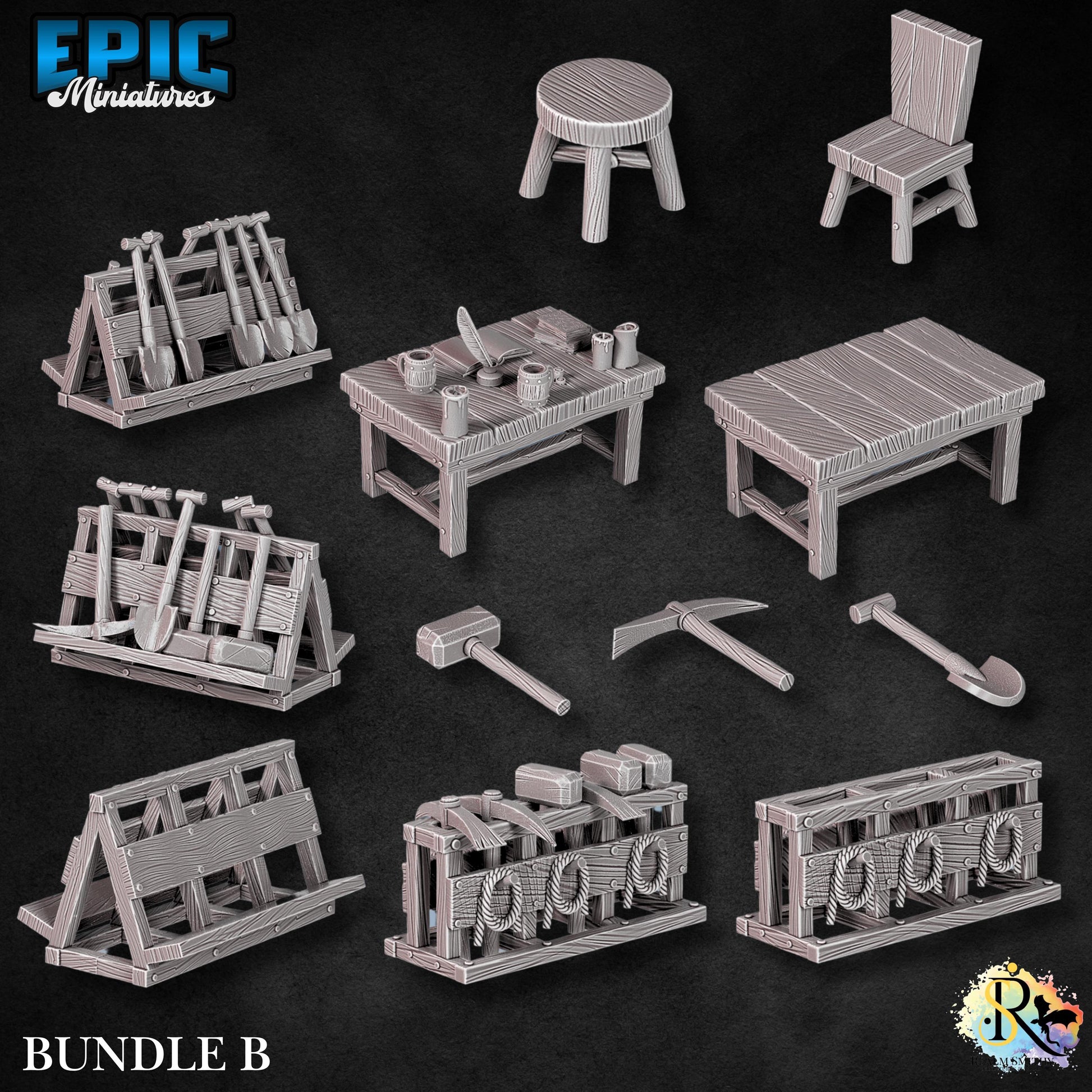 Dwarf Mine Scatter | #051 - Dwarven Mines | EPIC 28mm | Terrain, Environment, Scatter, Mining, Pickaxe, Gold, Ore, Tools