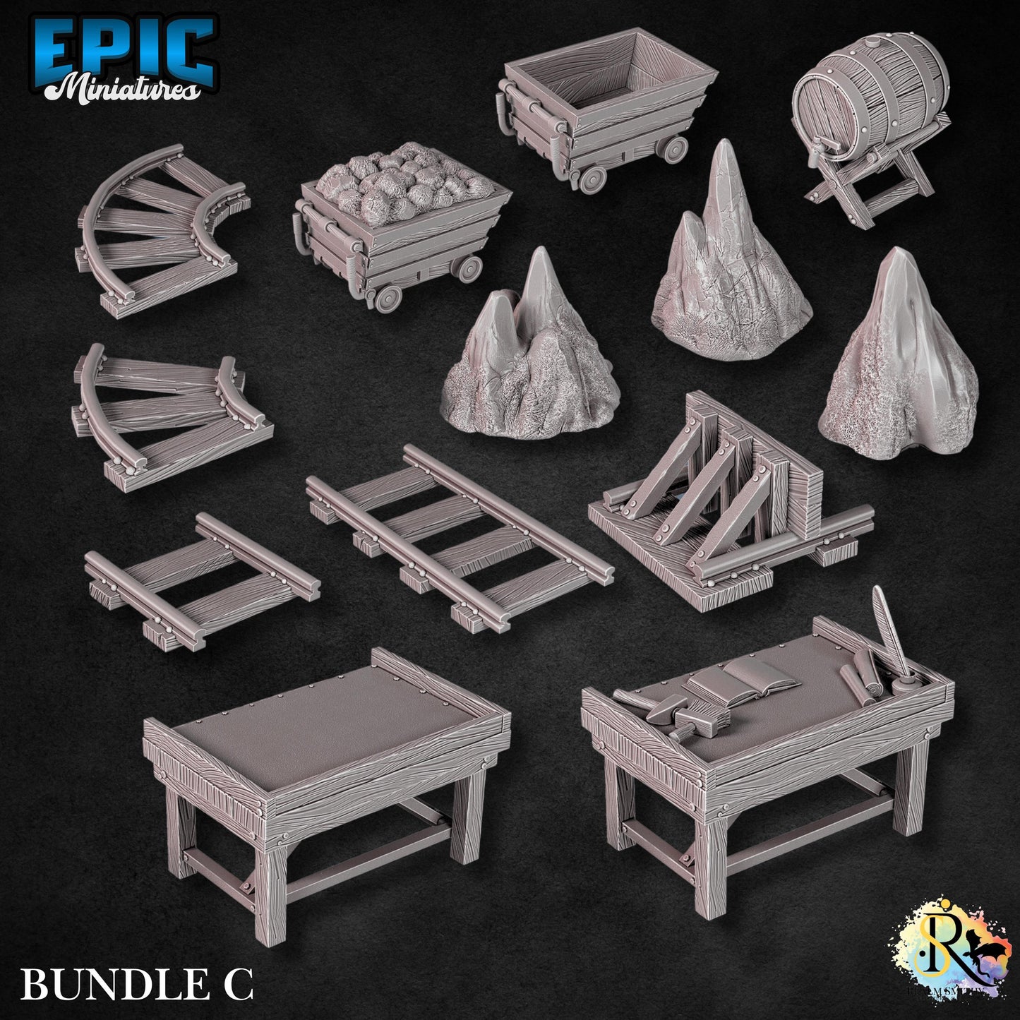 Dwarf Mine Scatter | #051 - Dwarven Mines | EPIC 28mm | Terrain, Environment, Scatter, Mining, Pickaxe, Gold, Ore, Tools