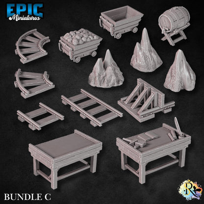 Dwarf Mine Scatter | #051 - Dwarven Mines | EPIC 28mm | Terrain, Environment, Scatter, Mining, Pickaxe, Gold, Ore, Tools