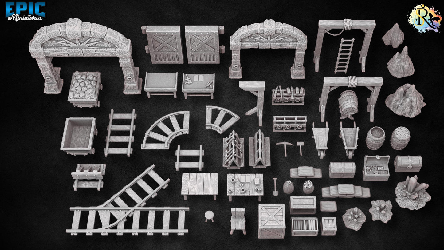 Dwarf Mine Scatter | #051 - Dwarven Mines | EPIC 28mm | Terrain, Environment, Scatter, Mining, Pickaxe, Gold, Ore, Tools