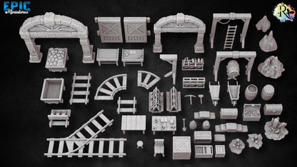 Dwarf Mine Scatter | #051 - Dwarven Mines | EPIC 28mm | Terrain, Environment, Scatter, Mining, Pickaxe, Gold, Ore, Tools