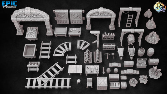 Dwarf Mine Scatter | #051 - Dwarven Mines | EPIC 28mm | Terrain, Environment, Scatter, Mining, Pickaxe, Gold, Ore, Tools