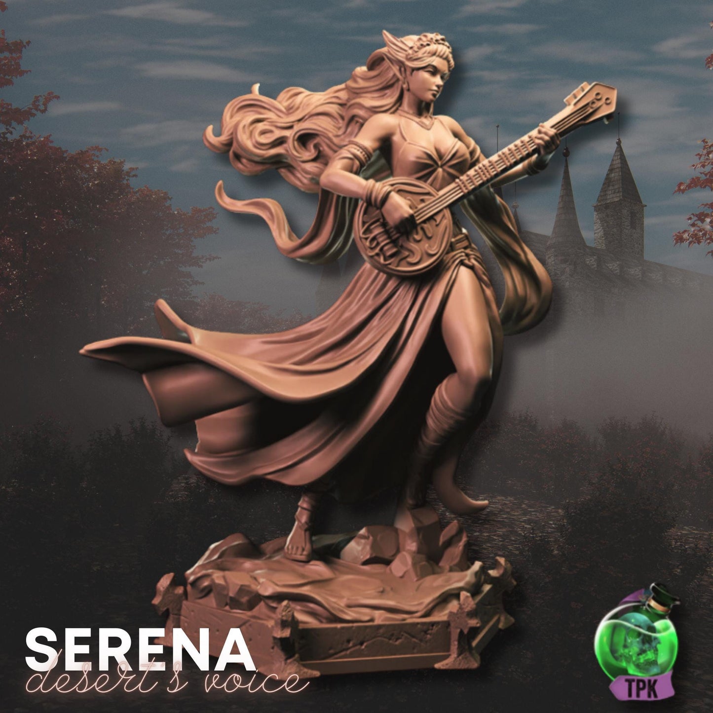 Serena - Desert's Voice (Medium) | TPK Lab Miniatures | Female Bard, Woman, Singer, Lute, Guitar, Instrument, Beautiful, Blonde, Hair, Sing