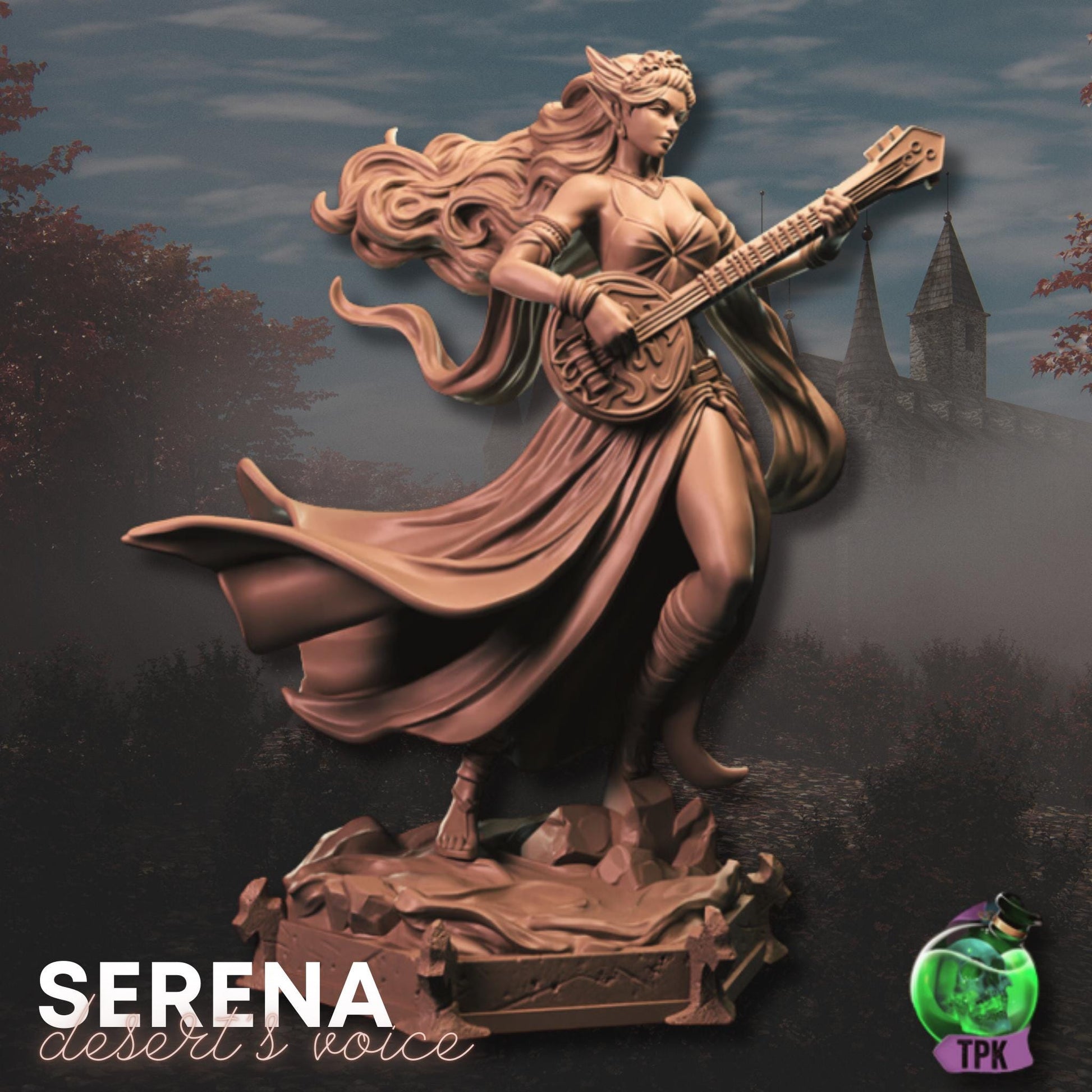 Serena - Desert's Voice (Medium) | TPK Lab Miniatures | Female Bard, Woman, Singer, Lute, Guitar, Instrument, Beautiful, Blonde, Hair, Sing