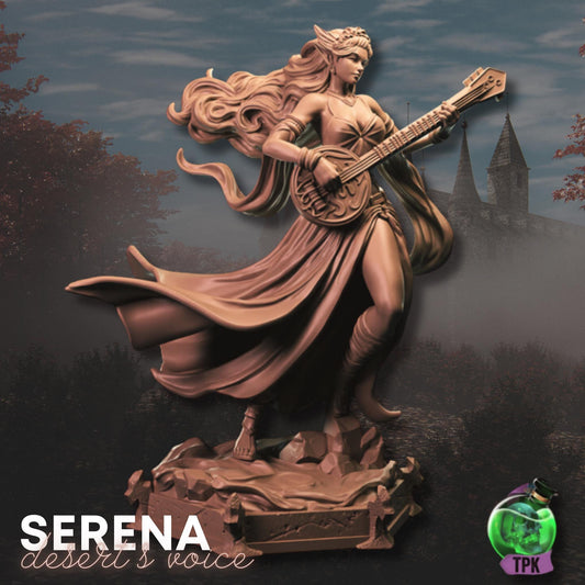 Serena - Desert's Voice (Medium) | TPK Lab Miniatures | Female Bard, Woman, Singer, Lute, Guitar, Instrument, Beautiful, Blonde, Hair, Sing