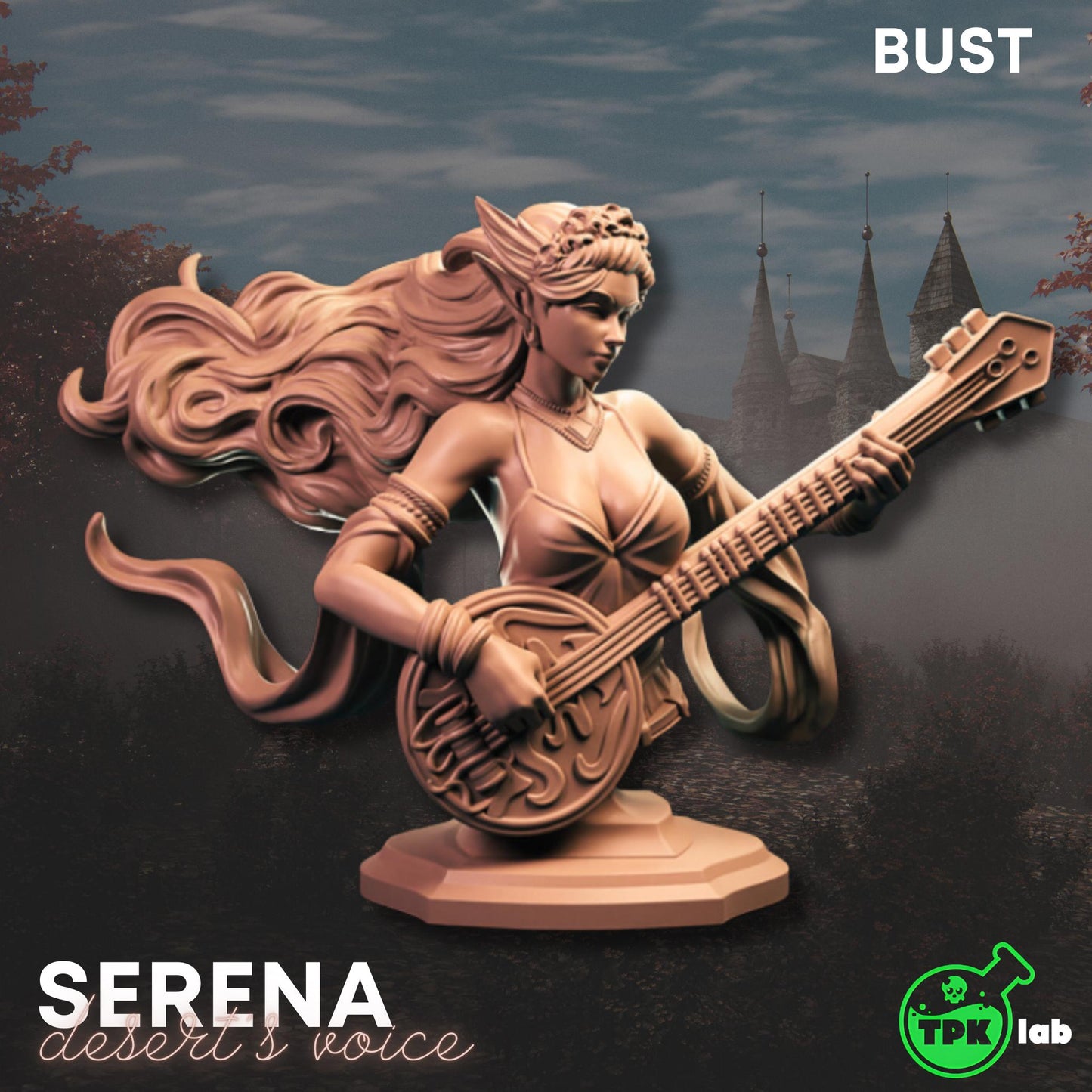 Serena - Desert's Voice Bust | TPK Lab Miniatures | Female Bard, Woman, Singer, Lute, Guitar, Instrument, Beautiful, Blonde, Hair, Sing