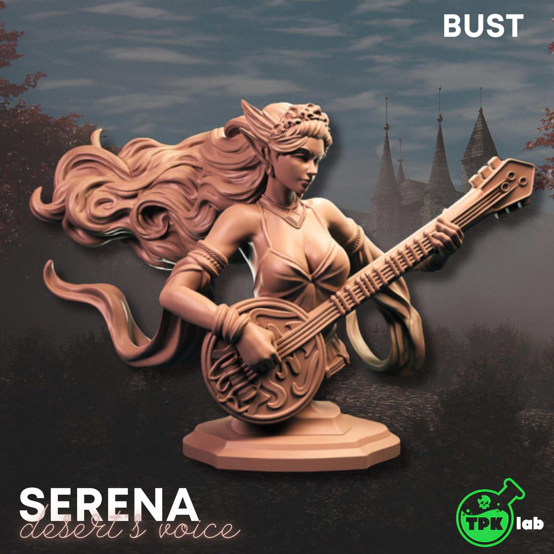 Serena - Desert's Voice Bust | TPK Lab Miniatures | Female Bard, Woman, Singer, Lute, Guitar, Instrument, Beautiful, Blonde, Hair, Sing