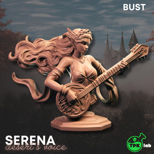 Serena - Desert's Voice Bust | TPK Lab Miniatures | Female Bard, Woman, Singer, Lute, Guitar, Instrument, Beautiful, Blonde, Hair, Sing