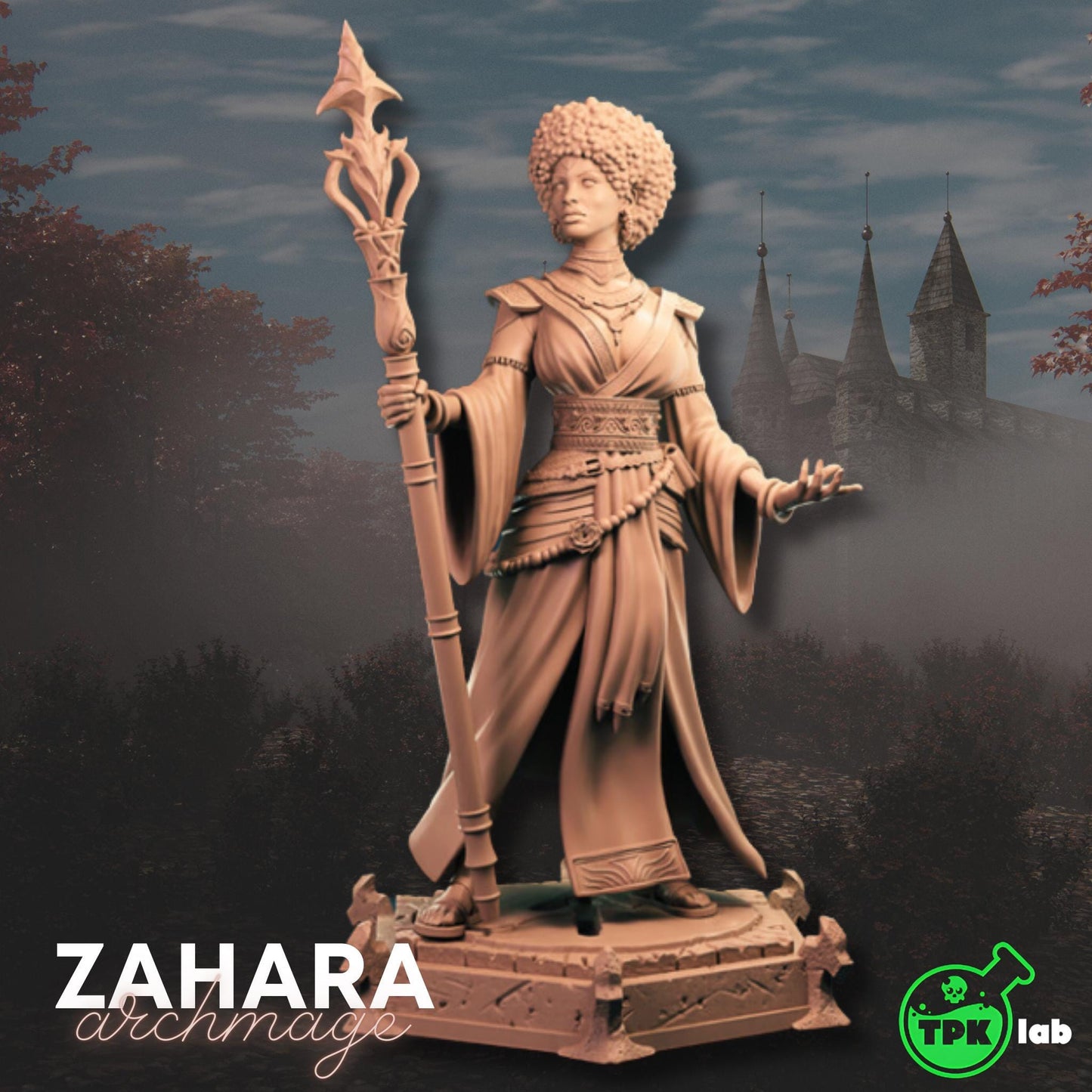 Zahara - Archmage of Agudam (Medium) | TPK Lab Miniatures | Woman, Female, Wizard, Warlock, Sorcerer, Mage, Staff, Robes, 32mm, Detailed