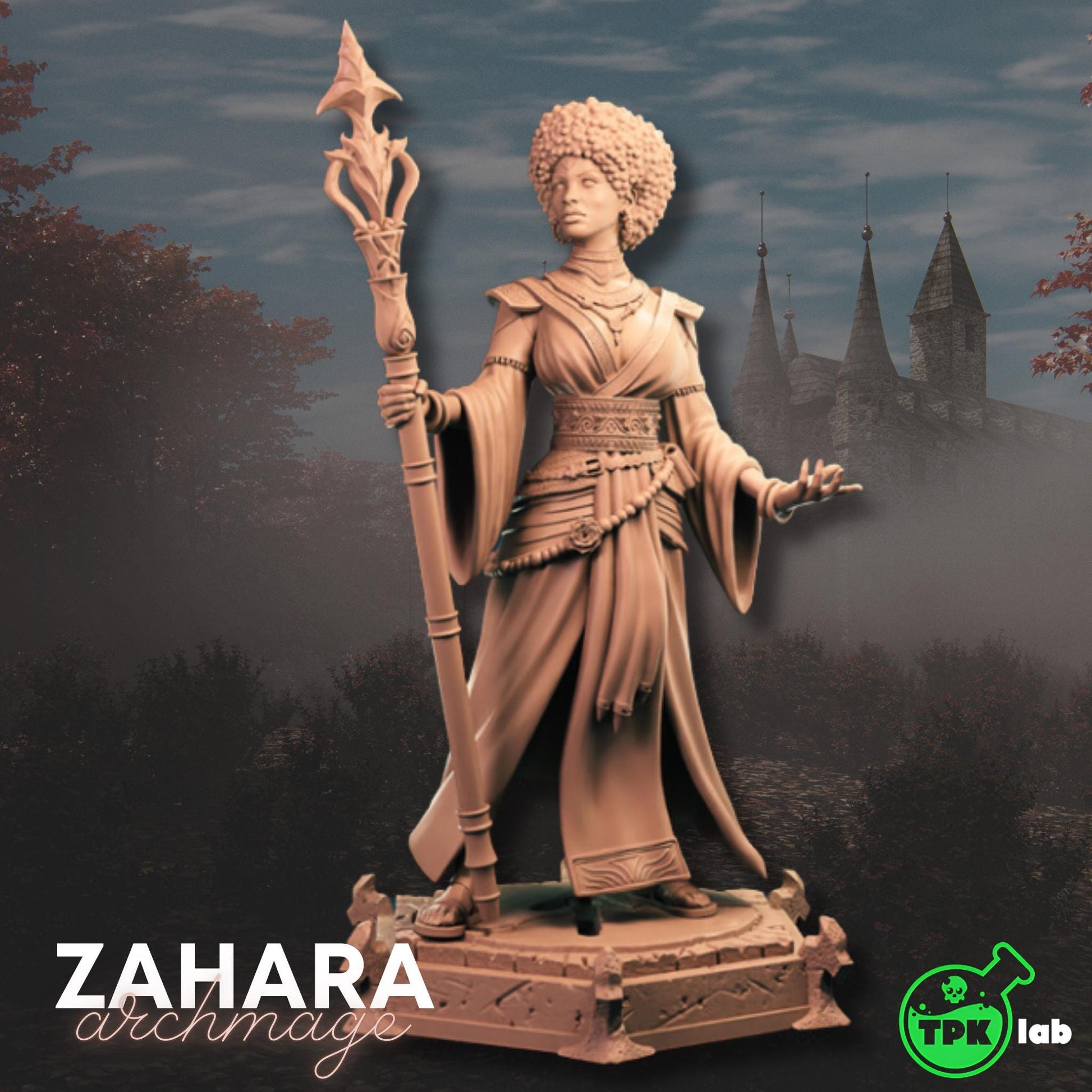 Zahara - Archmage of Agudam (Medium) | TPK Lab Miniatures | Woman, Female, Wizard, Warlock, Sorcerer, Mage, Staff, Robes, 32mm, Detailed