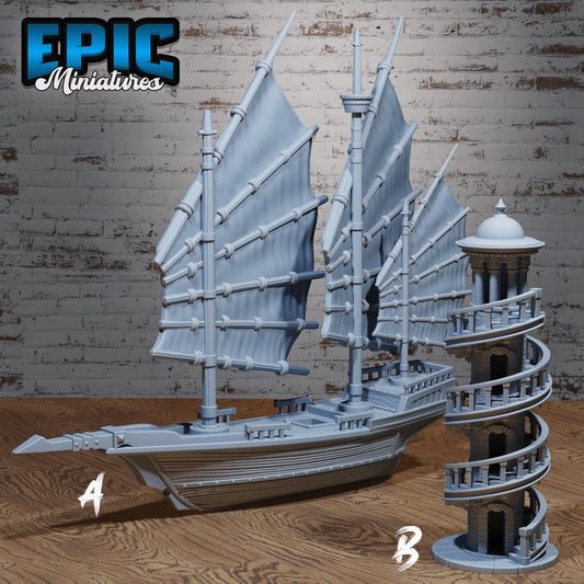Ship & Lighthouse | #118 - Oriental Fortress - EPIC | Boat, Ocean, Shore, Ships, Harbor, Dock, Sail, Fishery, Beach,