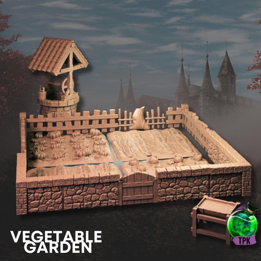 Vegetable Garden | TPK Lab Miniatures | 32mm Scale | Large, Carrots, Cabbage, Food, Soil, Plants, Well, Farming, Farm, Village, Landscape