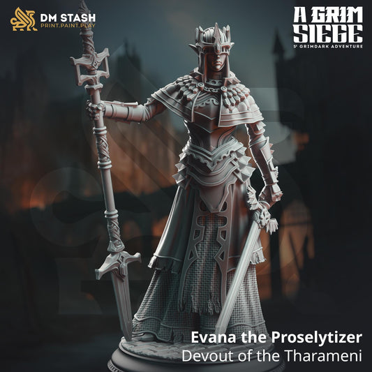 Evana the Proselytizer - Devout of the Tharameni | A Grim Siege | DM STASH | High Quality Resin | Female, Mysterious, Helmet, Paladin, Sword