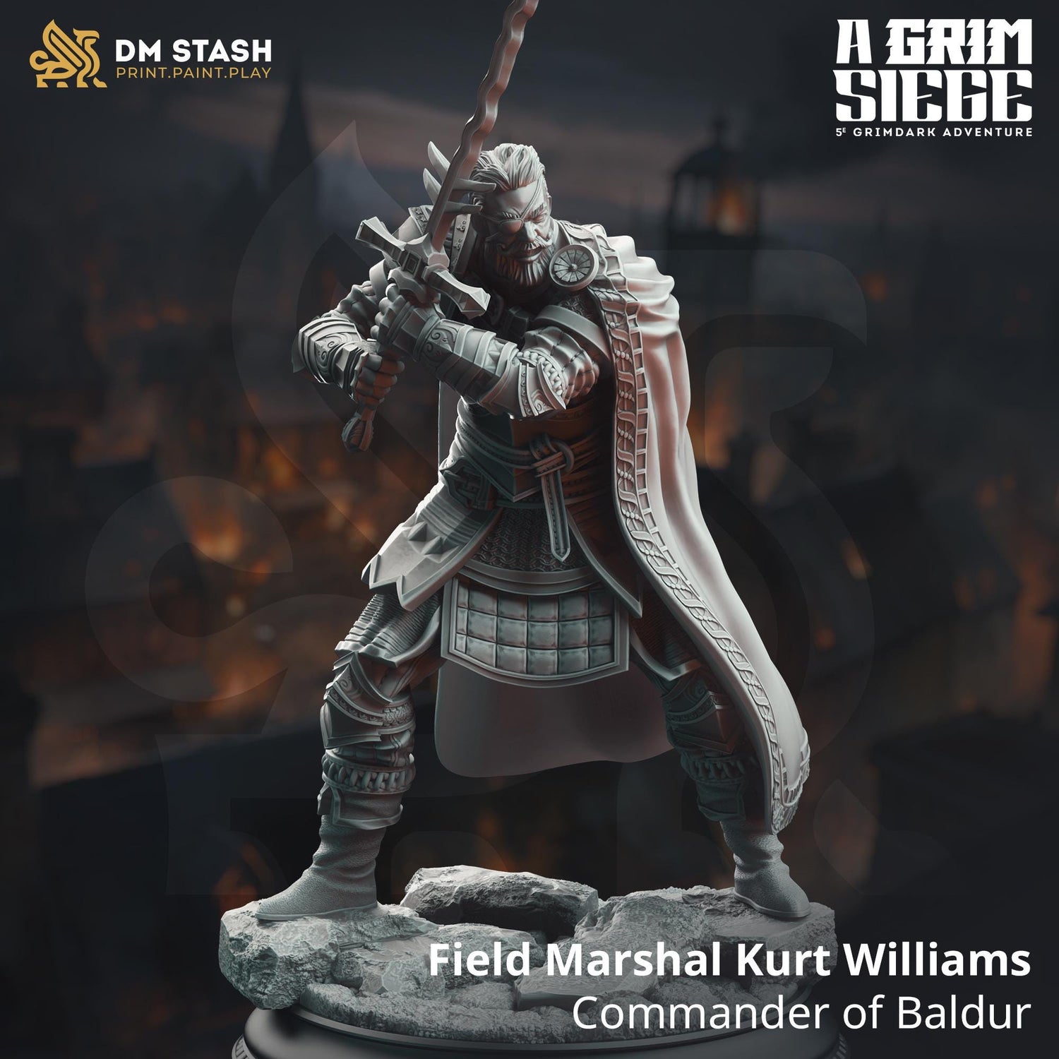 Field Marshal Kurt Williams - Commander of Baldur | A Grim Siege | DM STASH | High Quality Resin | Eyepatch, Old, Cool, Male Fighter, Leader