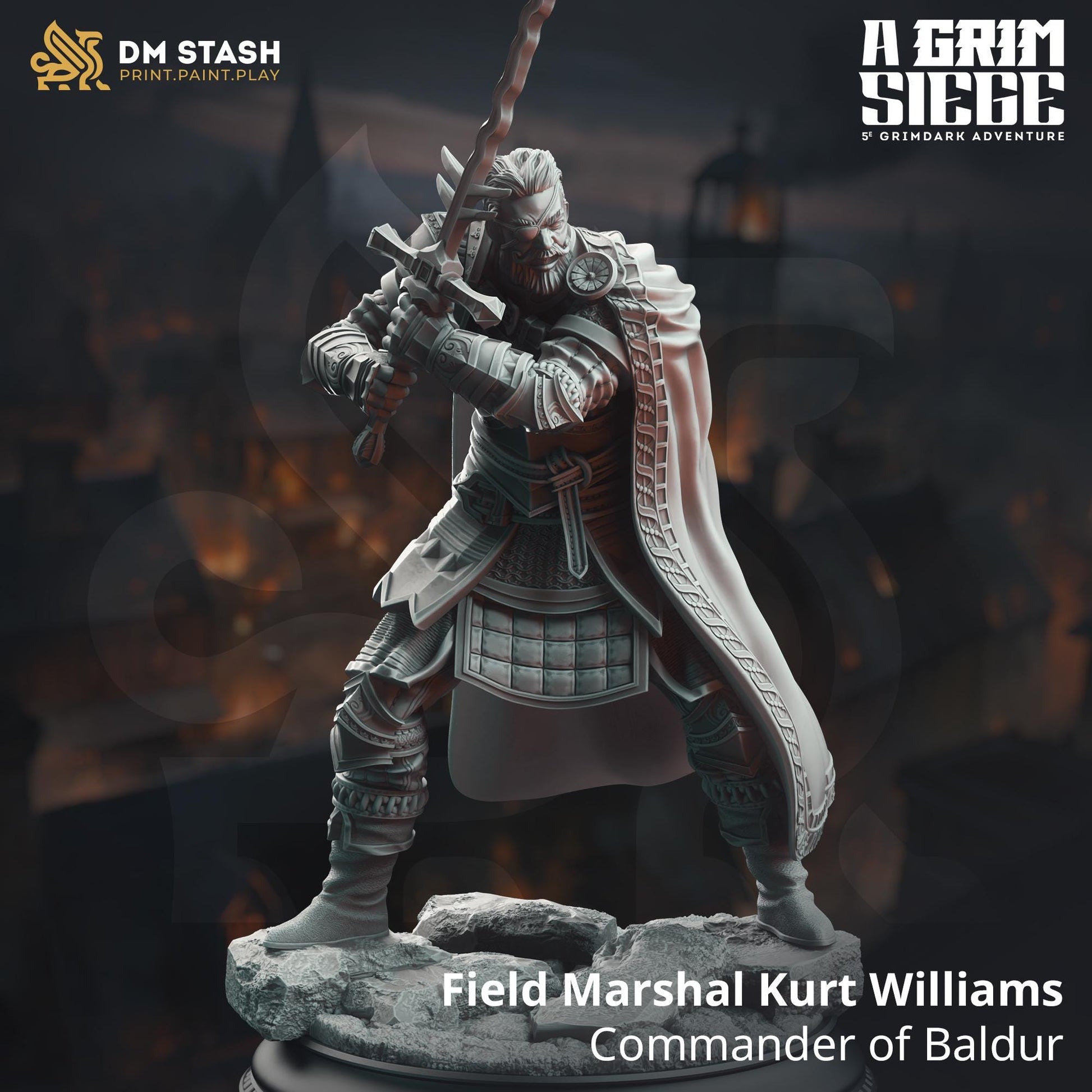 Field Marshal Kurt Williams - Commander of Baldur | A Grim Siege | DM STASH | High Quality Resin | Eyepatch, Old, Cool, Male Fighter, Leader